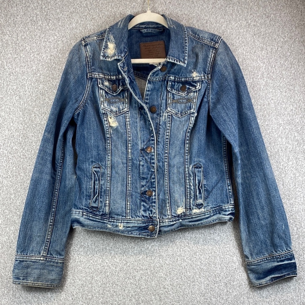 Vtg Abercrombie & Fitch distressed denim trucker jacket jr L grunge Y2K